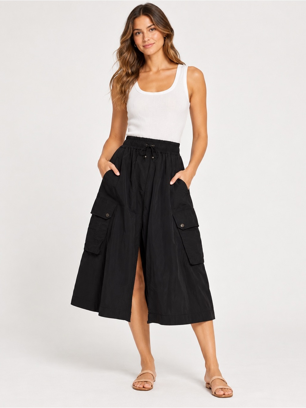 Ramy Brook Giovanna Mixed Media Cargo Tank Midi Dress Black White